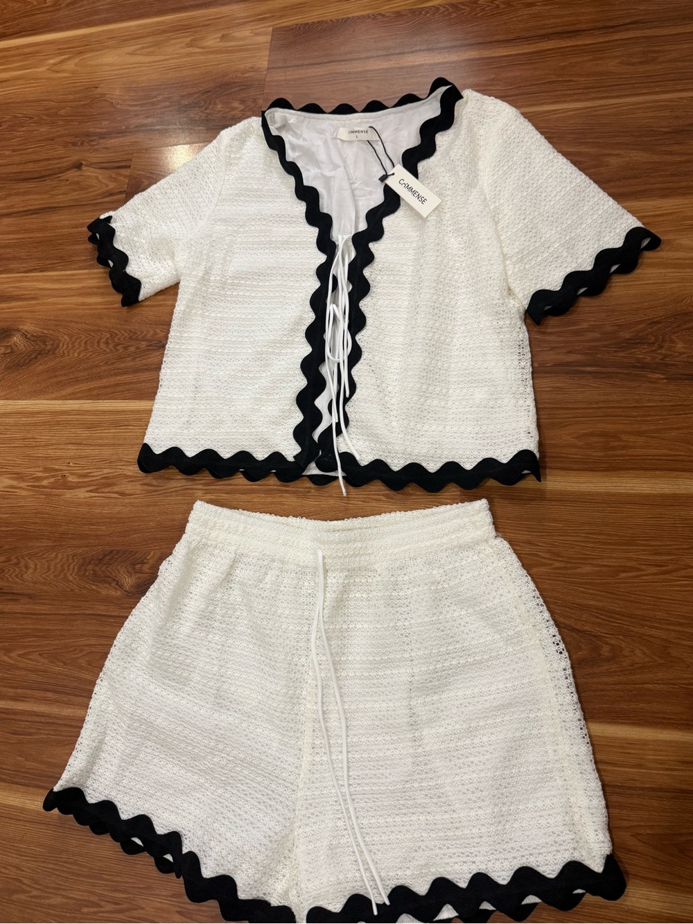 White Crochet Two-Piece Swim Cover Set with Black Trim - Picture 3 of 3